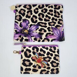 Estee Lauder Leopard Print Purple Floral Bee Velvet Makeup Cosmetic Bag Set of 2